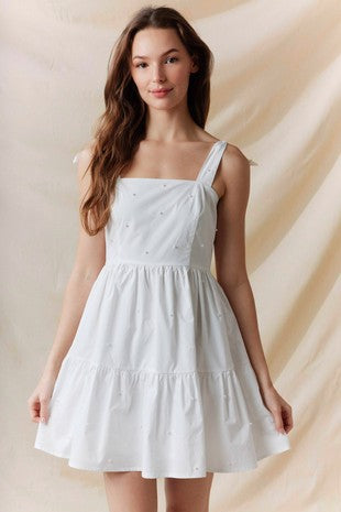 Pearl Embellished Shoulder Strap Mini Dress