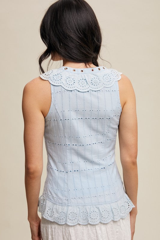 Eyelet Ruffle Button-Up Top
