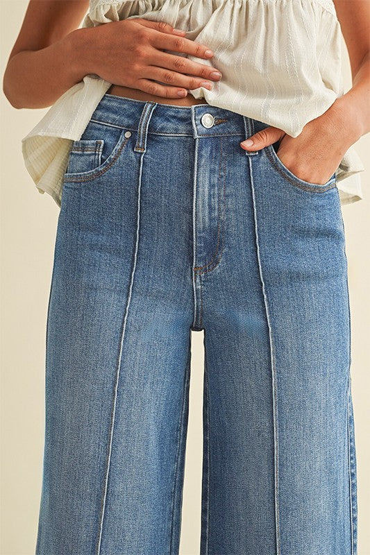 Stretch High Rise Pin Tuck Wide Leg Jean