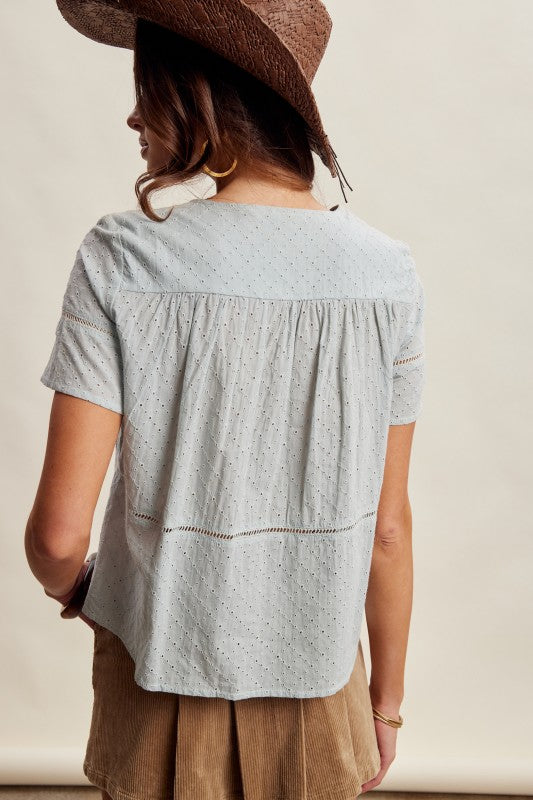 Eyelet Button-Front Short Sleeve Blouse