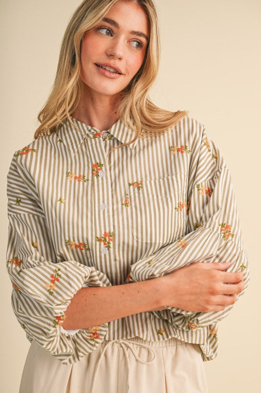 Striped Floral Embroidery Button Down Bubble Sleeve