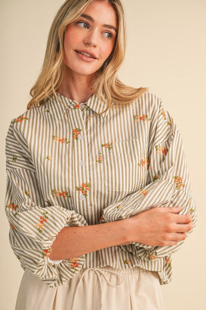 Striped Floral Embroidery Button Down Bubble Sleeve