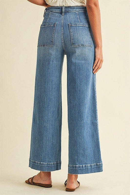 Stretch High Rise Pin Tuck Wide Leg Jean