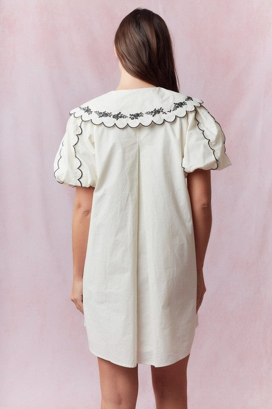 Embroidery Floral & Scallop Bubble Sleeve Dress