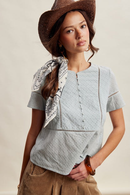 Eyelet Button-Front Short Sleeve Blouse