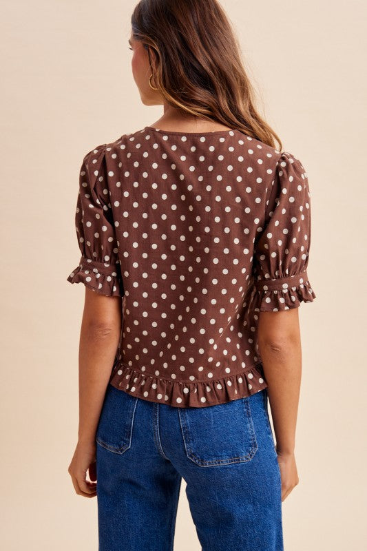 Polka Dot Puff Sleeve Button Down Blouse