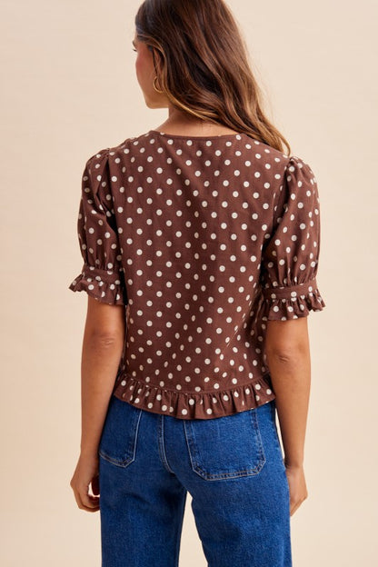 Polka Dot Puff Sleeve Button Down Blouse