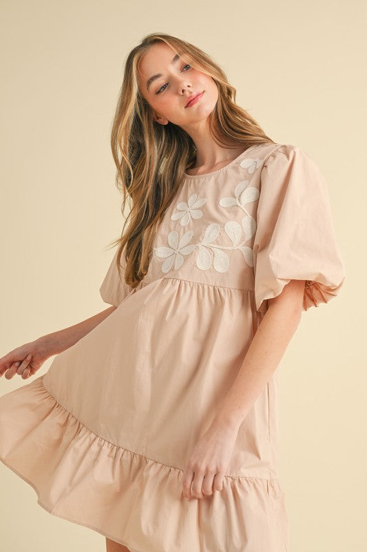 Double Puff Sleeve Shirred A-Line Midi Dress