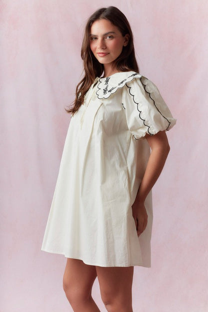 Embroidery Floral & Scallop Bubble Sleeve Dress