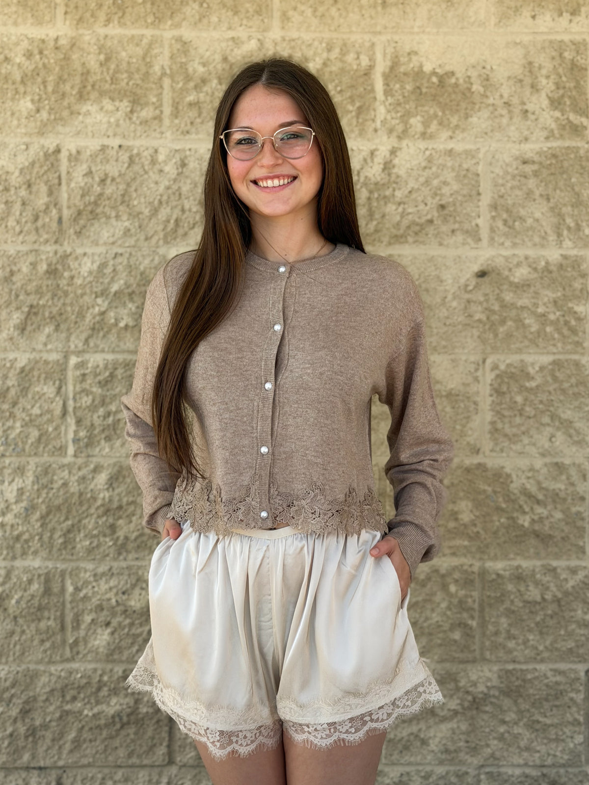 Knitted Pearl Cardigan Top with Lace Trim