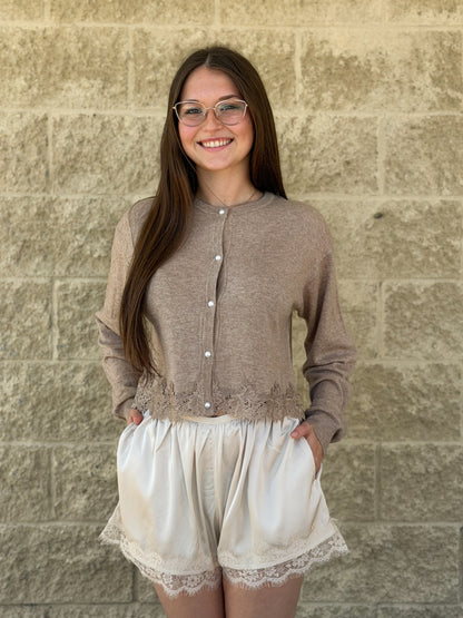 Knitted Pearl Cardigan Top with Lace Trim