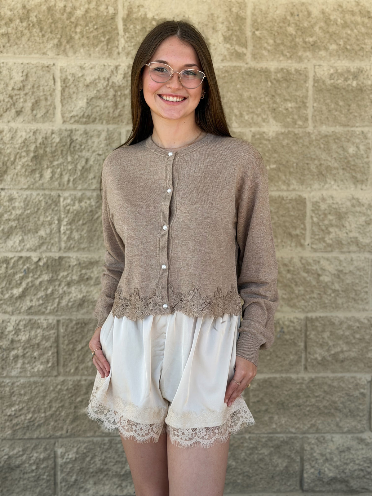 Knitted Pearl Cardigan Top with Lace Trim