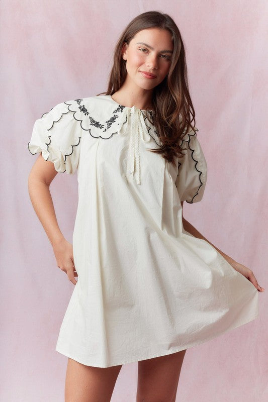 Embroidery Floral & Scallop Bubble Sleeve Dress