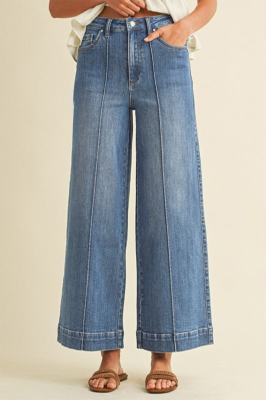 Stretch High Rise Pin Tuck Wide Leg Jean