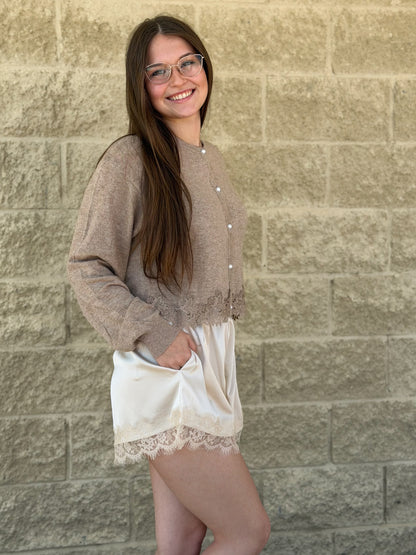 Knitted Pearl Cardigan Top with Lace Trim