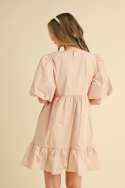 Double Puff Sleeve Shirred A-Line Midi Dress