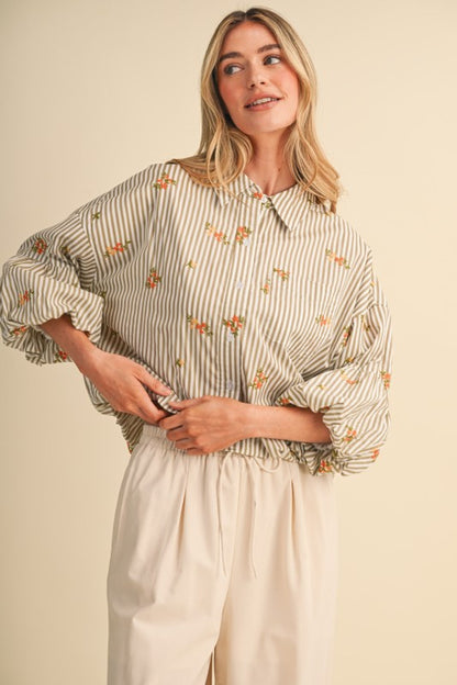Striped Floral Embroidery Button Down Bubble Sleeve