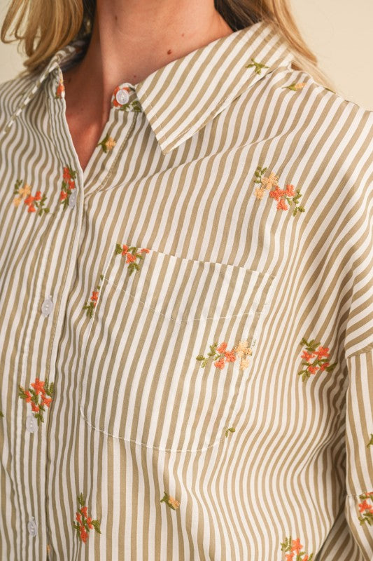 Striped Floral Embroidery Button Down Bubble Sleeve