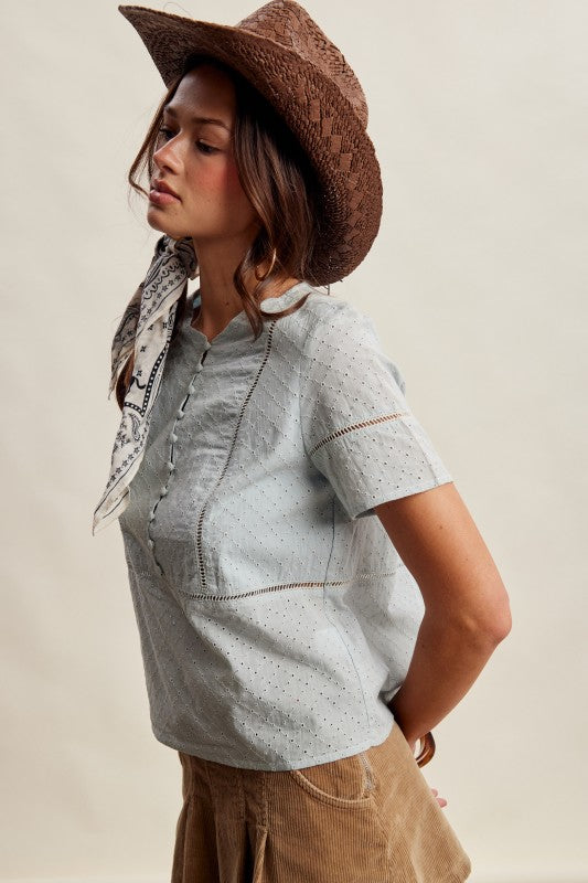 Eyelet Button-Front Short Sleeve Blouse