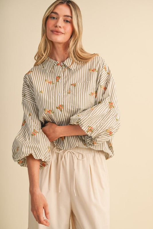 Striped Floral Embroidery Button Down Bubble Sleeve