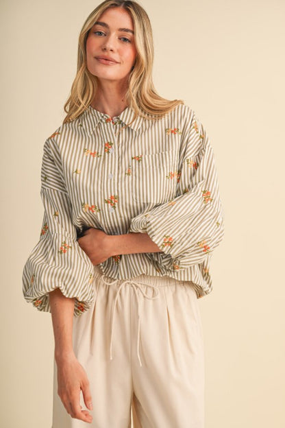 Striped Floral Embroidery Button Down Bubble Sleeve
