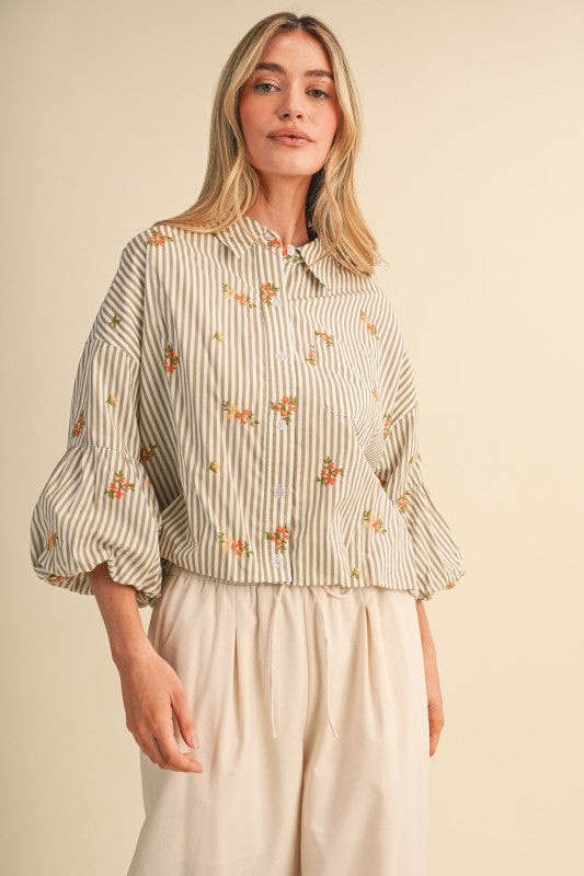 Striped Floral Embroidery Button Down Bubble Sleeve