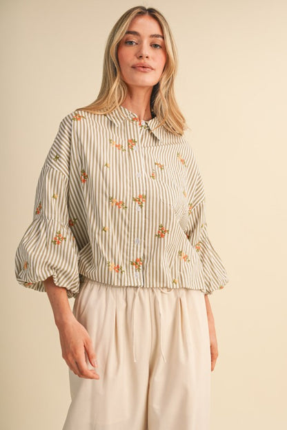 Striped Floral Embroidery Button Down Bubble Sleeve