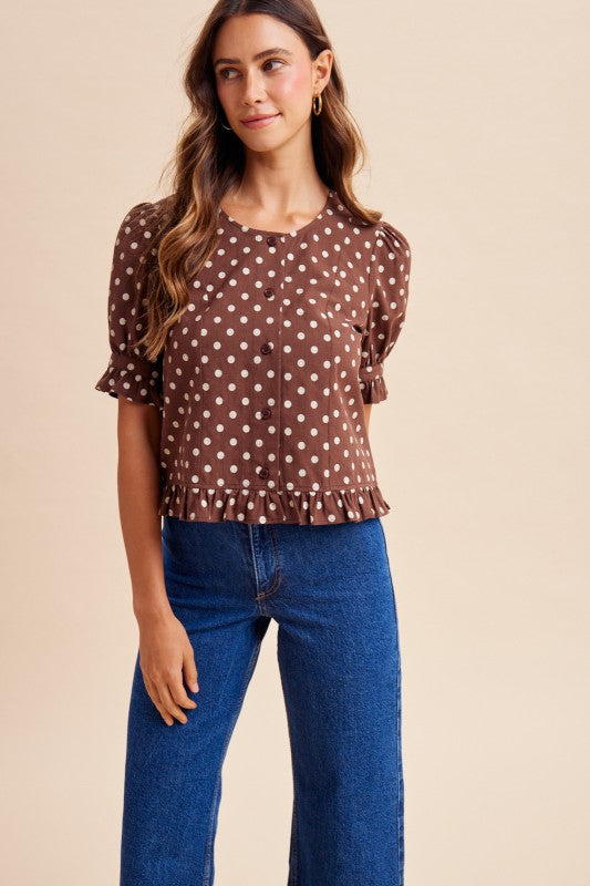 Polka Dot Puff Sleeve Button Down Blouse