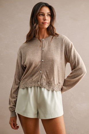 Knitted Pearl Cardigan Top with Lace Trim