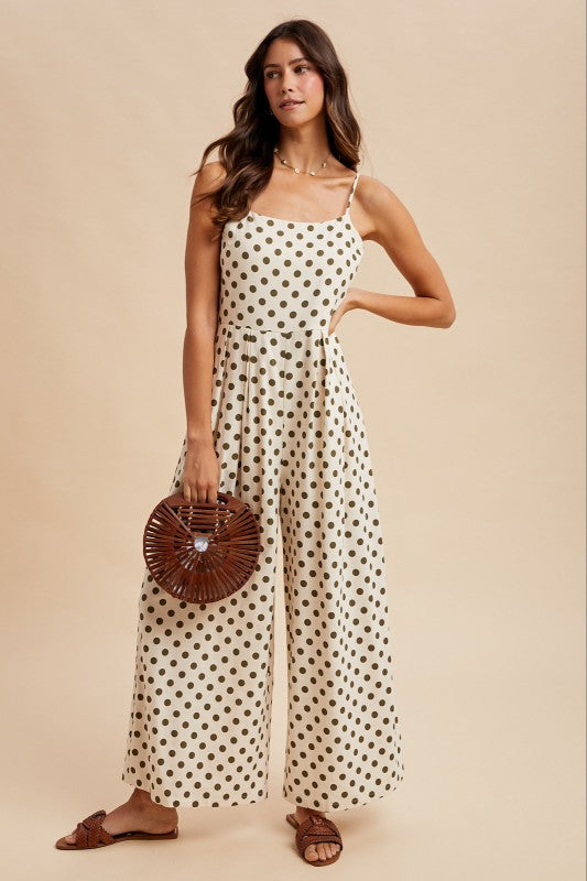Polka Dot Smocking Tank Top Wide-Leg Jumpsuit