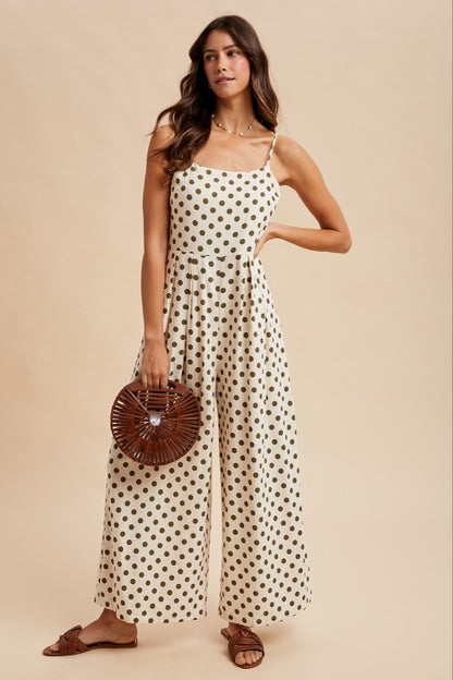 Polka Dot Smocking Tank Top Wide-Leg Jumpsuit
