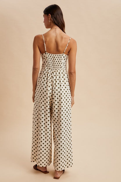 Polka Dot Smocking Tank Top Wide-Leg Jumpsuit