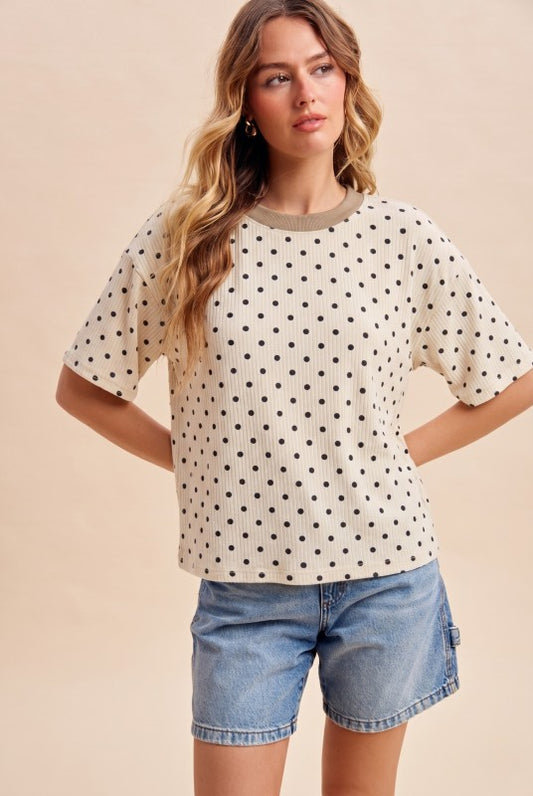 Contrast Neck Polka Dot Ribbed Knit Top