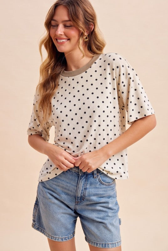 Contrast Neck Polka Dot Ribbed Knit Top