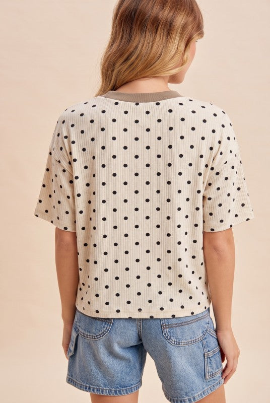 Contrast Neck Polka Dot Ribbed Knit Top