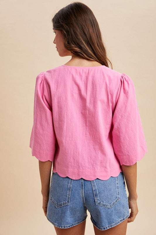 Scallop Half Sleeve Button Down Blouse