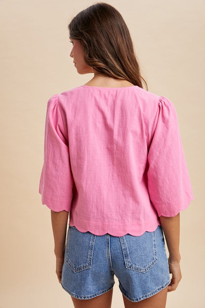 Scallop Half Sleeve Button Down Blouse