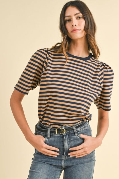 Striped Puff Sleeve Cotton Jersey Knit Top