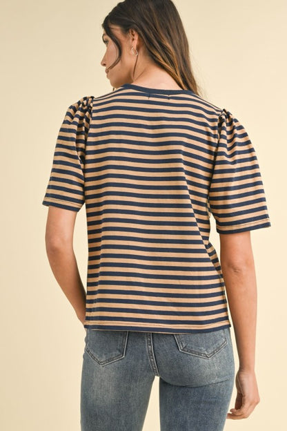 Striped Puff Sleeve Cotton Jersey Knit Top