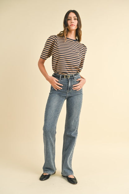 Striped Puff Sleeve Cotton Jersey Knit Top