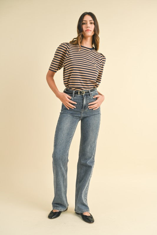 Striped Puff Sleeve Cotton Jersey Knit Top