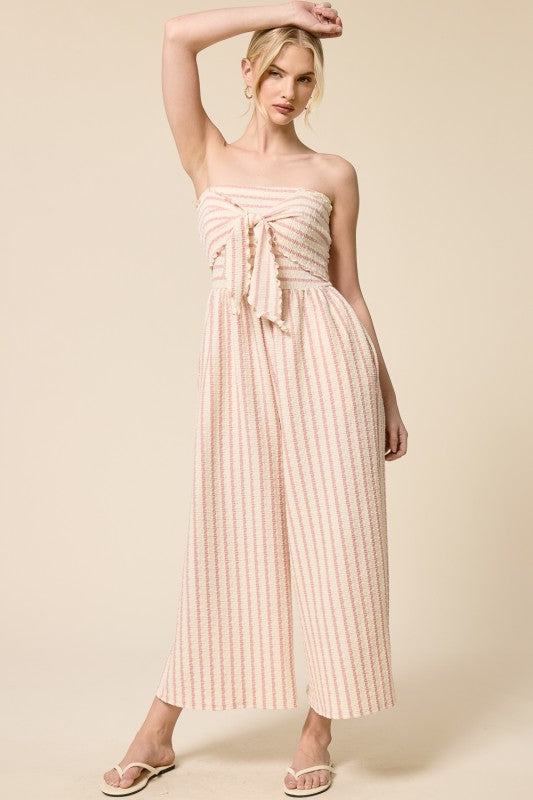 Striped Tie-Front Strapless Jumpsuit