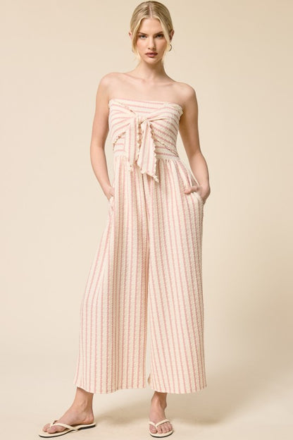 Striped Tie-Front Strapless Jumpsuit