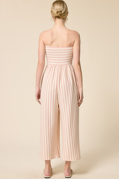 Striped Tie-Front Strapless Jumpsuit